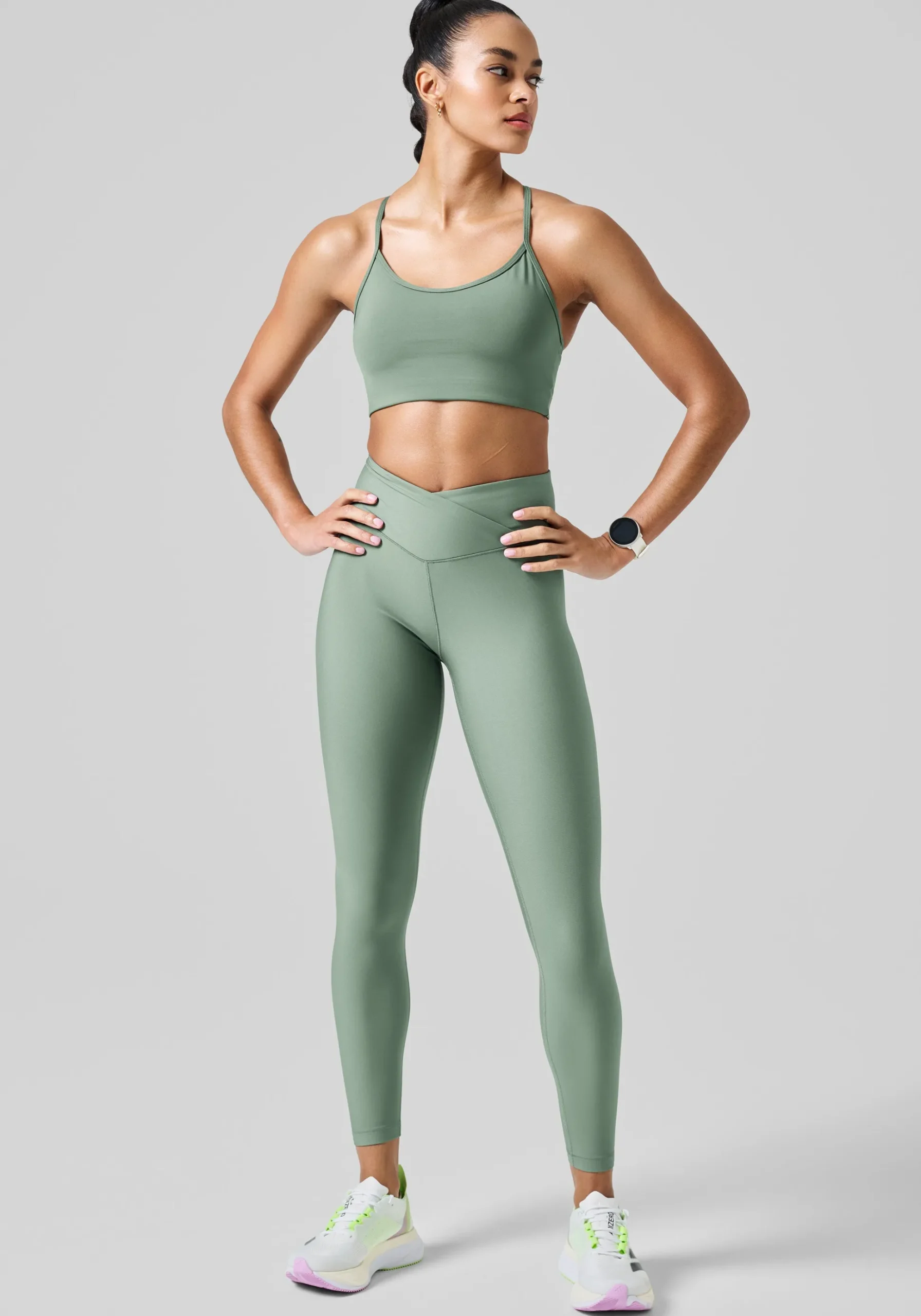 Overlap High Waist Tights - Dusty Green