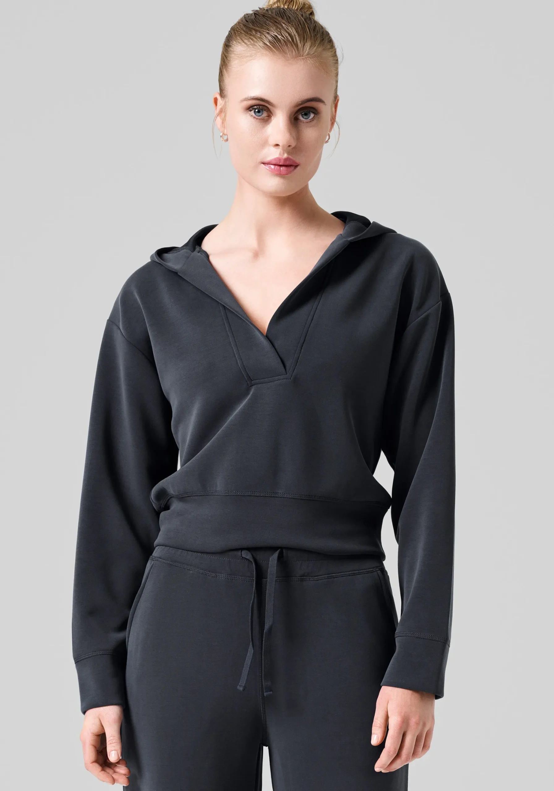 Peachy V-Neck Hoodie - Almost Black
